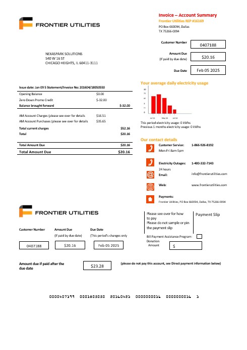 USA Texas Frontier Utilities business utility bill template in Word and PDF formats